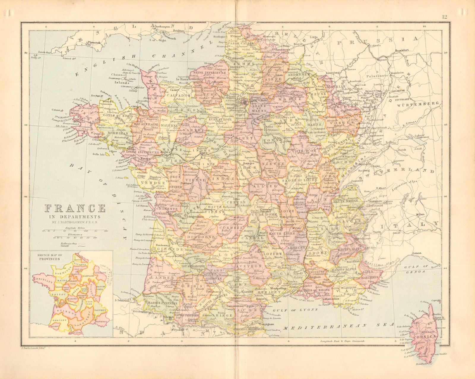'France in Departments'. w/o Alsace Lorraine & Menton. BARTHOLOMEW 1876 map